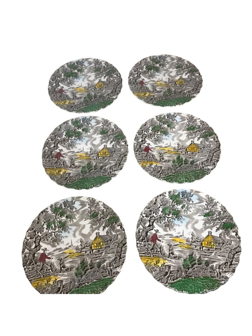 Myott "The Hunter Hand Engraved Permanent Colours Plate Set Of 6 Made In England